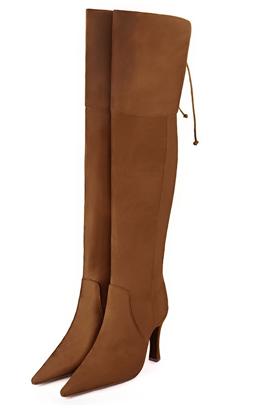 Caramel brown women's leather thigh-high boots. Pointed toe. Very high spool heels. Made to measure. Front view - Florence KOOIJMAN
